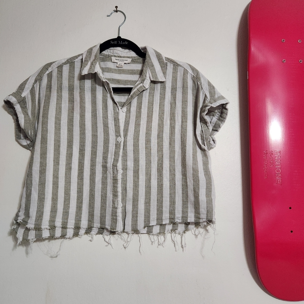 Striped Green and White Button-Up Shirt
